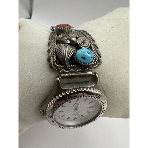 Vintage Mens Watch with Navajo Made Sterling Silver Turquoise Coral Watch Tips - Picture 2 of 11